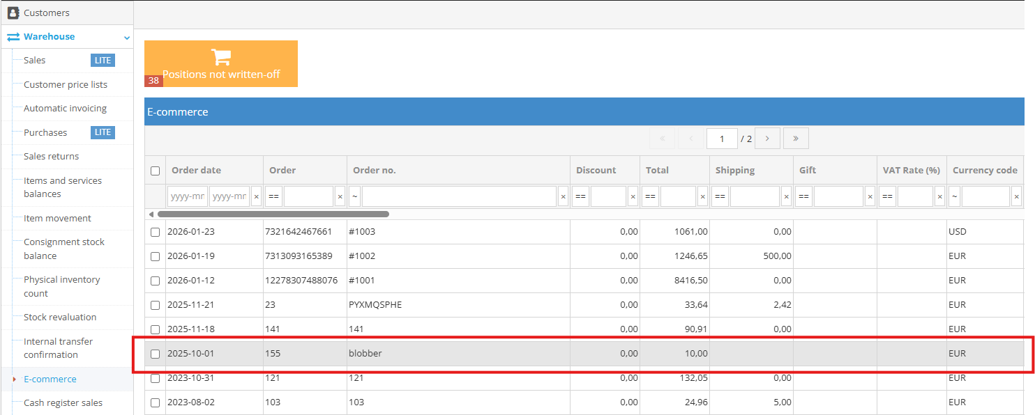 View of the order list in the E-commerce module